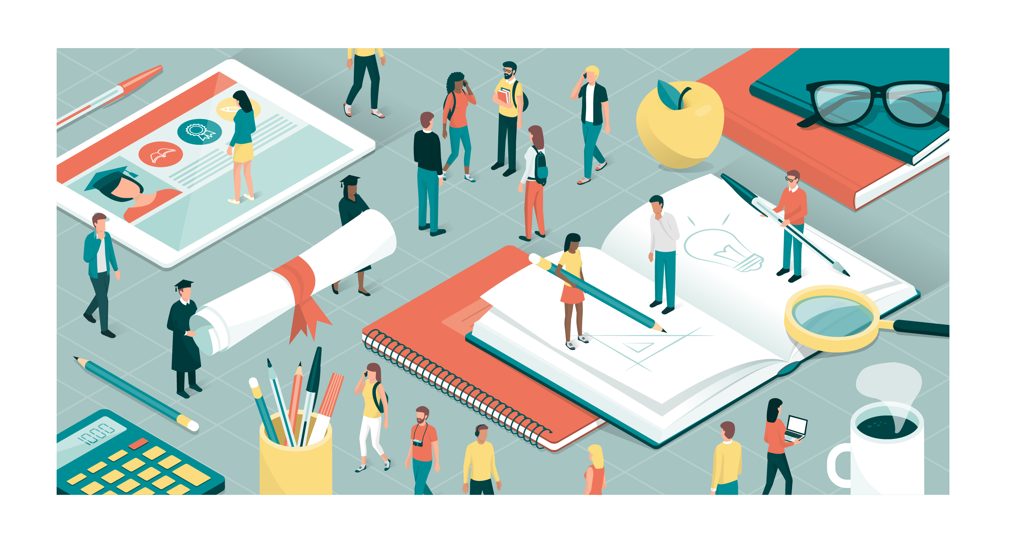 Illustration: junge Menschen im Hochschulkontext und Arbeitsutensilien