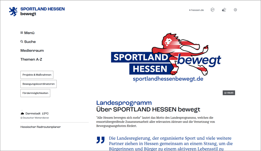 Die Abbildung ist ein Screenshot der Startseite der Internetseite sportlandhessenbewegt.de.