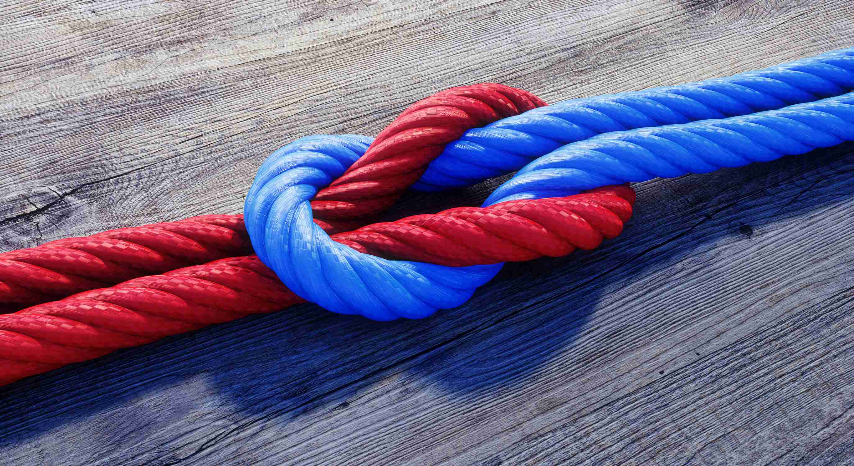 Ein rotes und ein blaues Seil laufen aufeinander zu und verschlingen sich in der Mitte ineinander Knoten