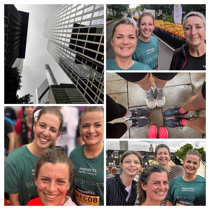 Collage aus Personenfotos, Frankfurter Skyline und Laufschuhen