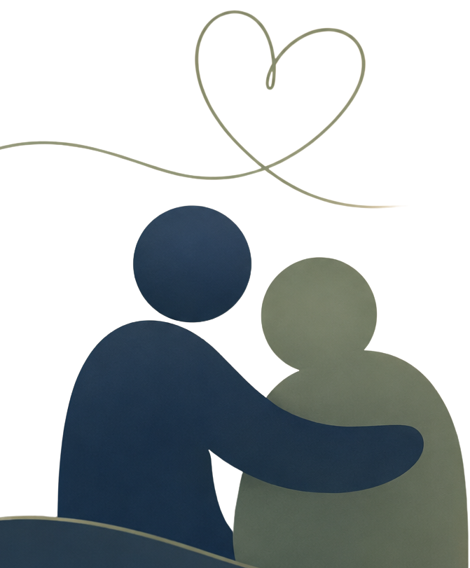 Ein Icon von einem Menschen umarmt einen anderen. Darüber ist ein Herz.