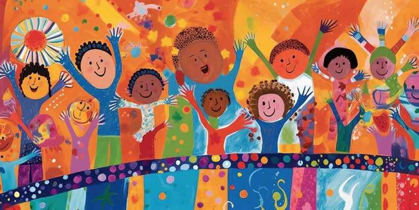 Bunt gemalte, lächelnde Kinder mit erhobenen Händen