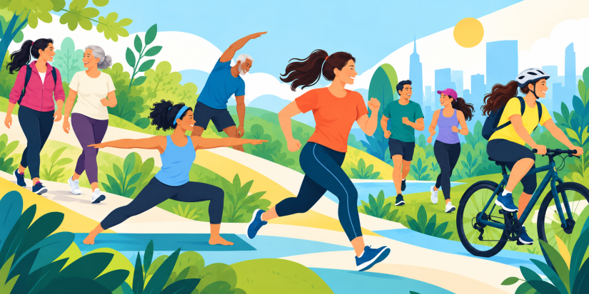 Moderne Illustration einer vielfältigen Gruppe von Erwachsenen bei verschiedenen Bewegungsaktivitäten im Grünen, darunter Gehen, Laufen, Radfahren und Yoga, vor einer stilisierten Park- und Stadtkulisse.