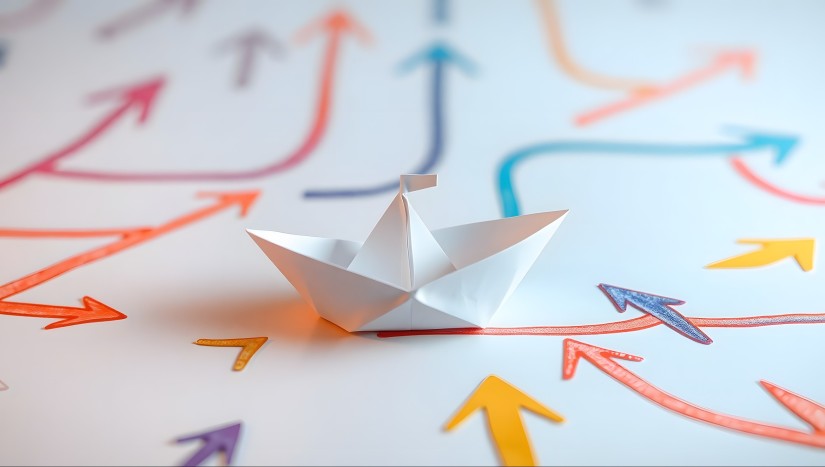 Ein Papierboot ist inmitten vieler Pfeile auf einer Route unterwegs
