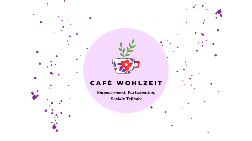 Cafe Wohlzeit Logo, eine bunte Tasse aus der ein grüner Zweig herauskommt