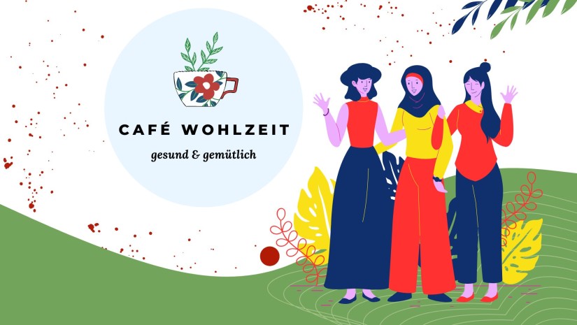 Café Wohlzeit Grafik mit drei Frauen im Vordergrund