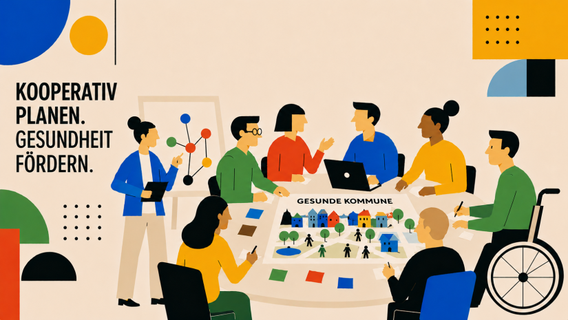 Verschiedene Menschen sitzen an einem runden Tisch und arbeiten zusammen am Thema "Gesunde Kommune"