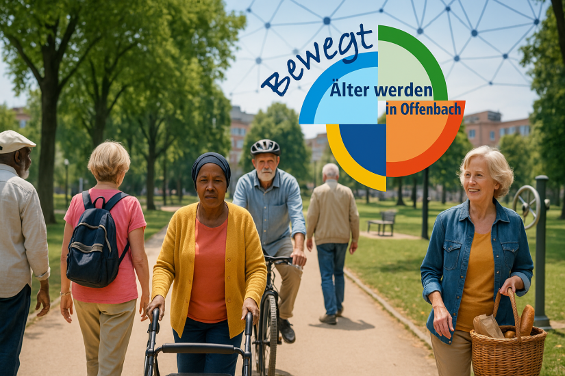 Ältere Menschen spazieren durch einen Park