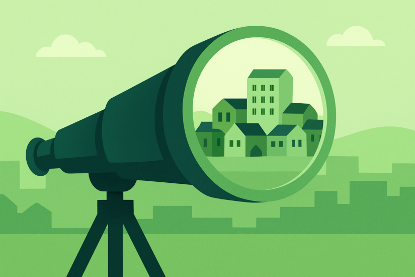 Fernrohr mit Häusern in der Linse 