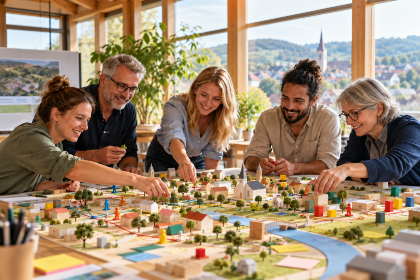 Mehrere Personen arbeiten gemeinsam an einem Stadtmodell