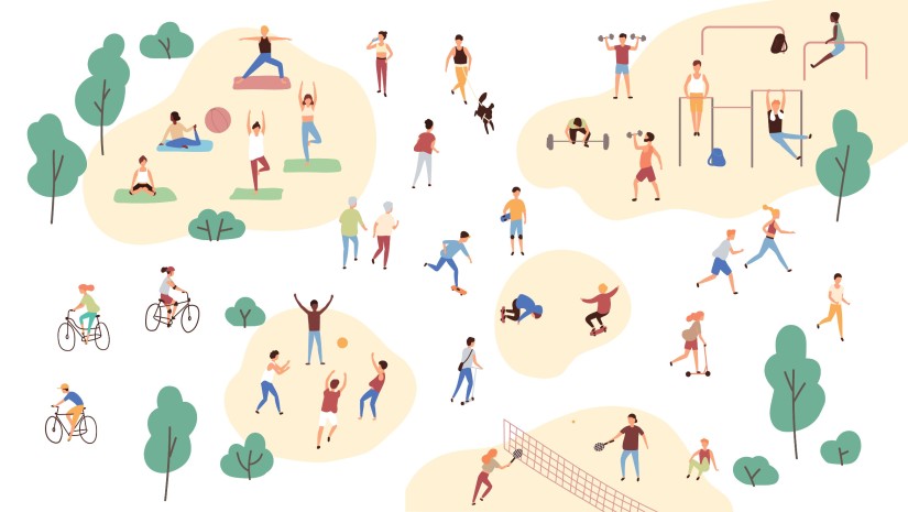 Illustrierte Personen, die im Park unterschiedliche Sportarten treiben. 