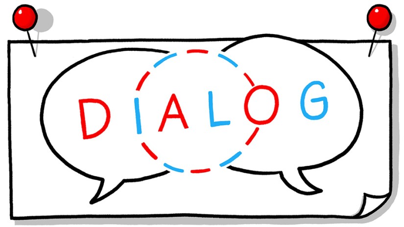 Ein Pinnzettel mit zwei Sprechblasen mit dem Wort Dialog in der Mitte