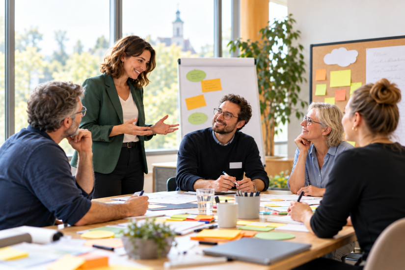 Mehrere Personen arbeiten gemeinsam an einem Schreibtisch
