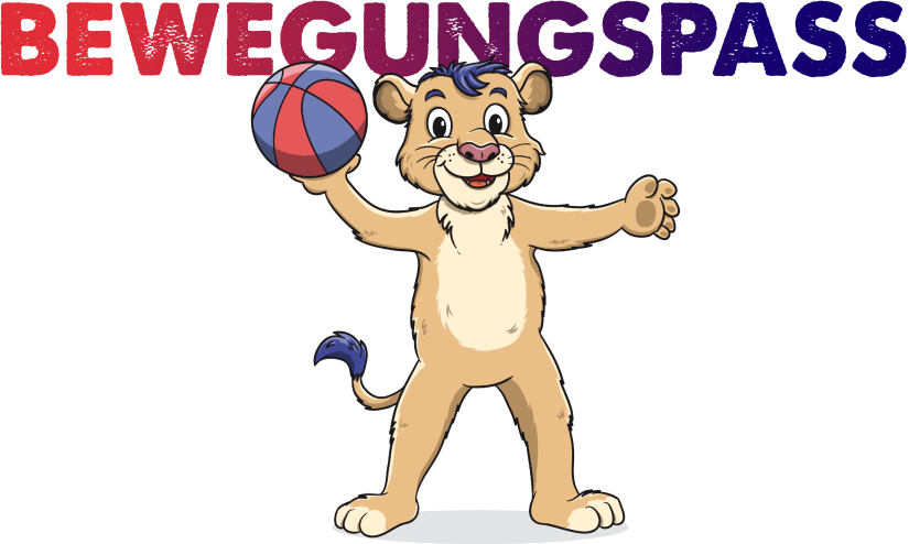 Löwenfigur hält einen Ball hoch. Darüber steht der Text "Bewegungspass"