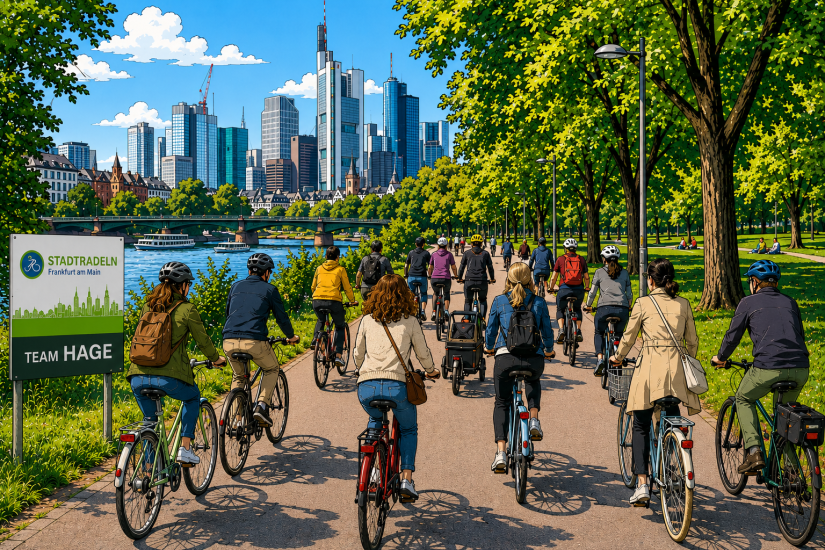 Comic-Figuren radeln gemeinsam mit Blick auf eine Skyline 