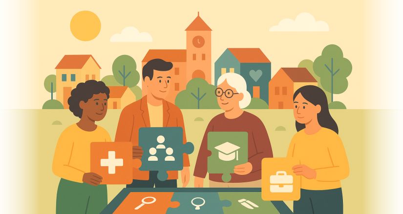 Vier Personen fügen große bunte Puzzleteile vor einer stilisierten Stadtsilhouette zusammen. Das Motiv symbolisiert gemeinsames Engagement und Vernetzung in der Kommune – gemeinsam für Gesundheit, Teilhabe und Chancengleichheit.