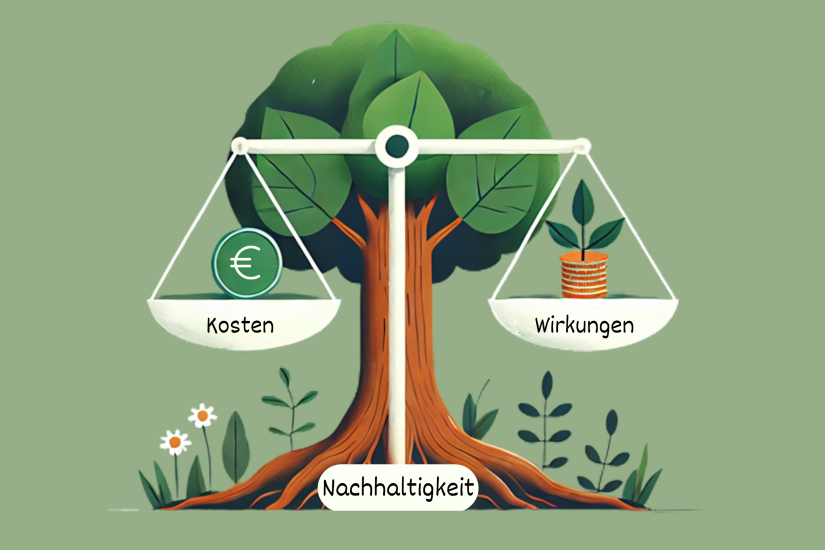 Baum mit sichtbaren Wurzeln, davor steht eine Waage mit links "Kosten" und rechts "Wirkungen"