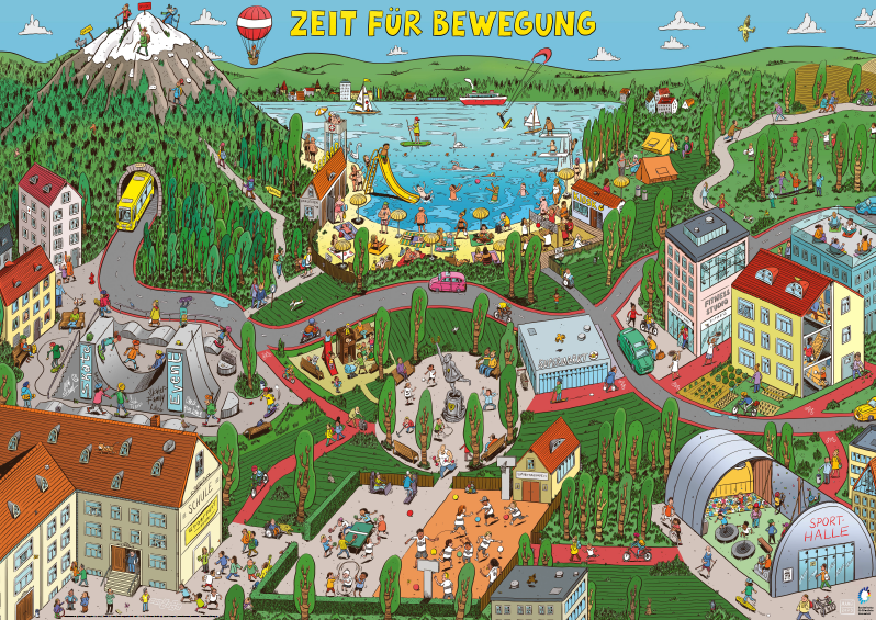 Wimmelbild einer bewegungsfreundlichen Kommune